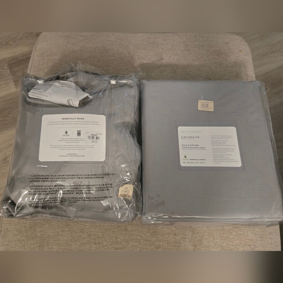 New Pottery Barn Silk Duponi Grey Drapes (2) 50x108